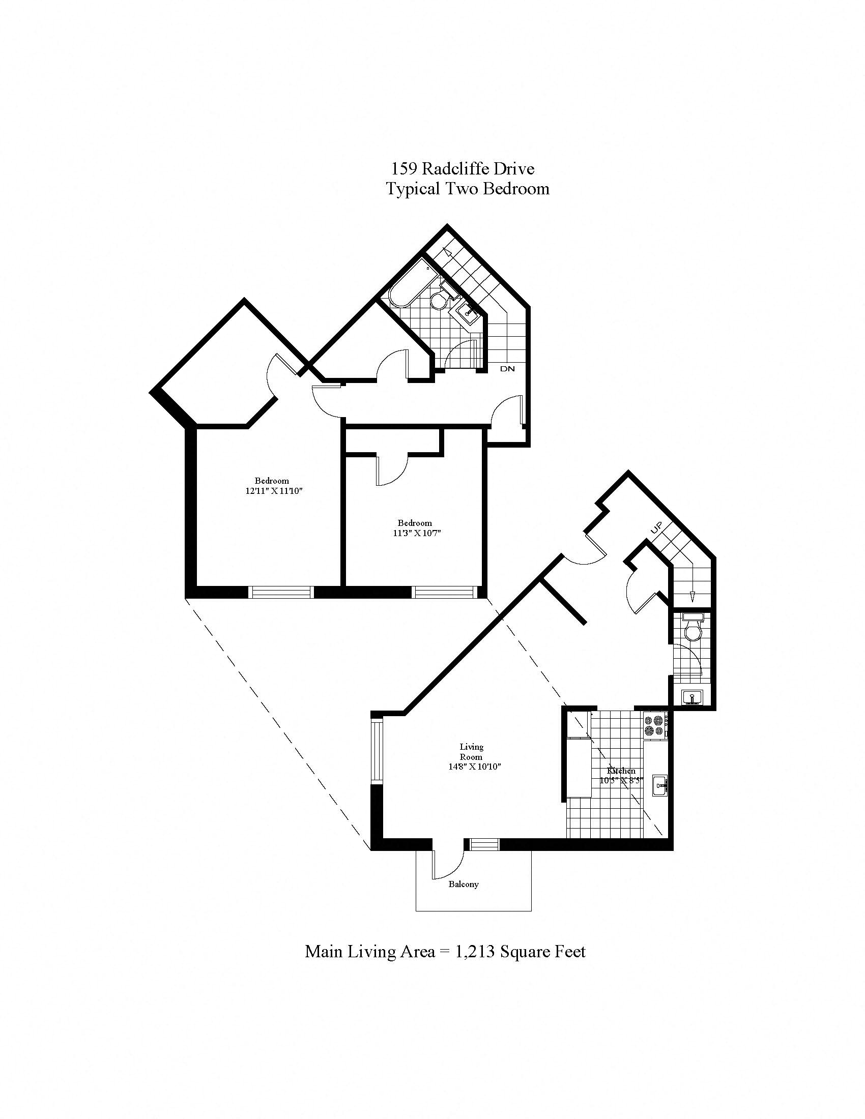 Floor plan for 2 beds, 1.5 baths, 1213 sqft